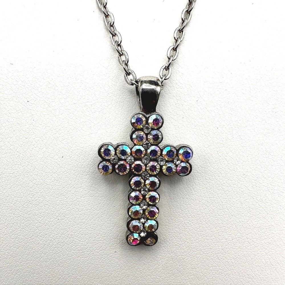 VTG 70s Crystal Cross Pendant Necklace Silver Tone Chain Rhinestone Religious